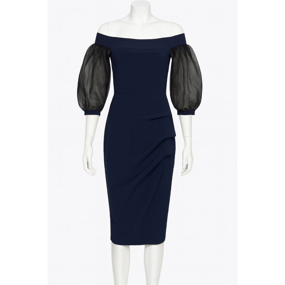 Chiara Boni Midnight Blue Midi Dress with Sheer Sleeves